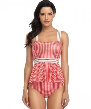 Sets Women's 2 Pieces Tankini Set Peplum Swimsuit Swimwear - Plaid Red - CZ199LOHXWH