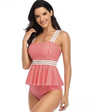 Sets Women's 2 Pieces Tankini Set Peplum Swimsuit Swimwear - Plaid Red - CZ199LOHXWH