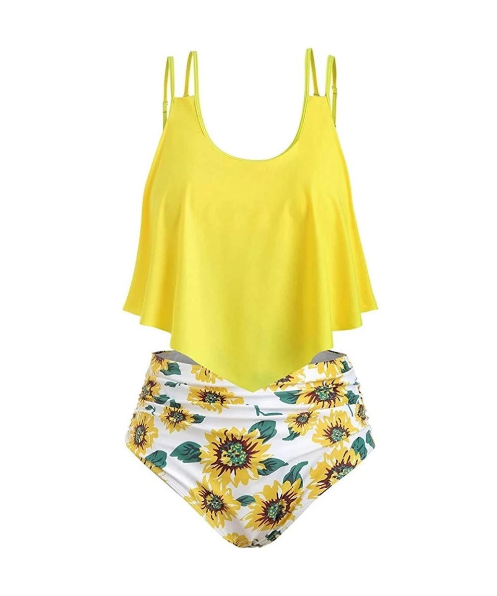 Sets Sunflower Tankini Swimsuits- High Waisted Swim Bottom with Ruffle Bandeau Top Beach Bikini Hot Boho Swimwear Only Left -...