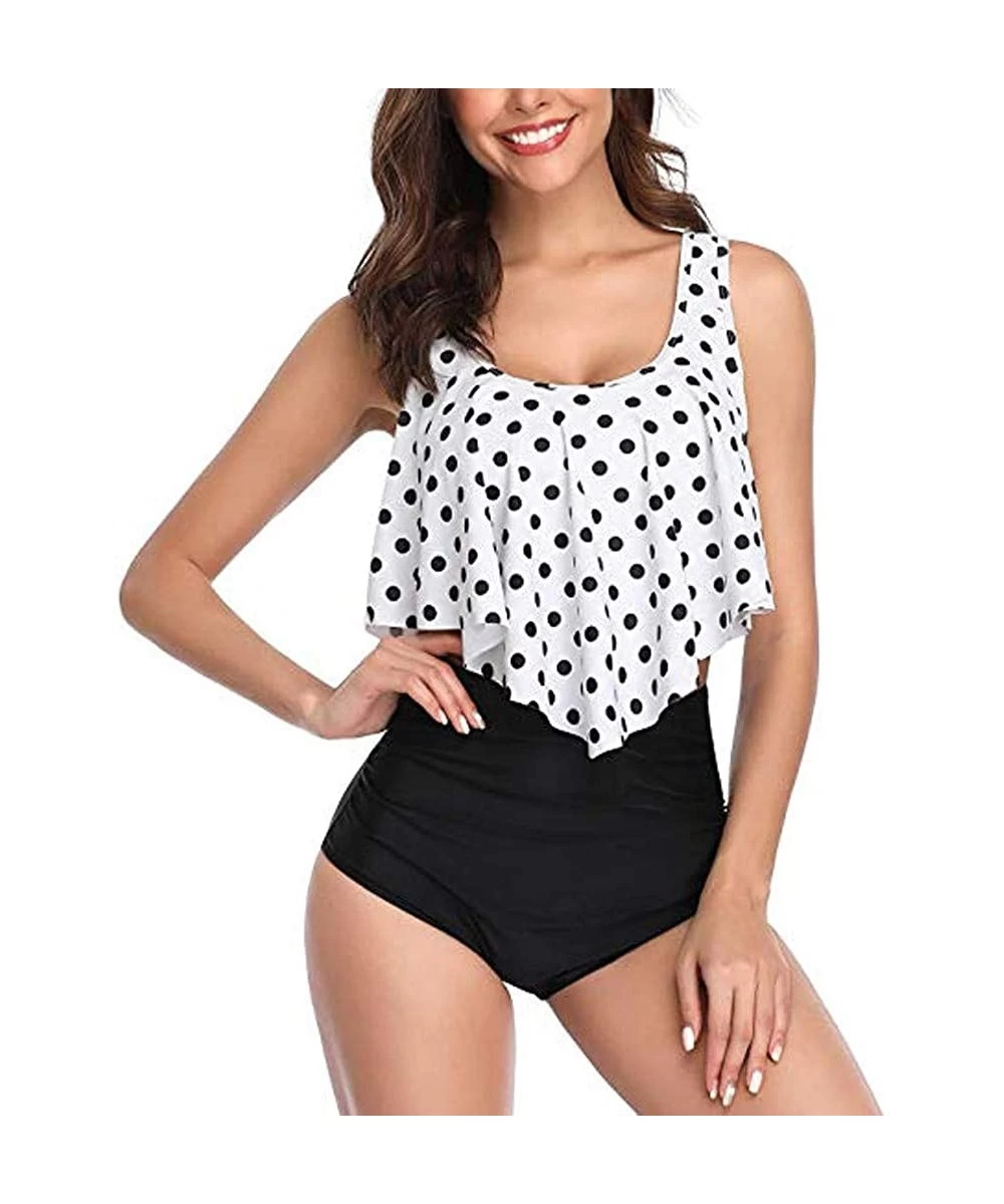 Sets Women Two Pieces Bathing Suits Dot Print Tops Ruffles High Waisted Bottom Bikini Set Swimwear Swimsuit - Black - CB1960D...