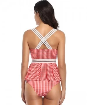 Sets Women's 2 Pieces Tankini Set Peplum Swimsuit Swimwear - Plaid Red - CZ199LOHXWH