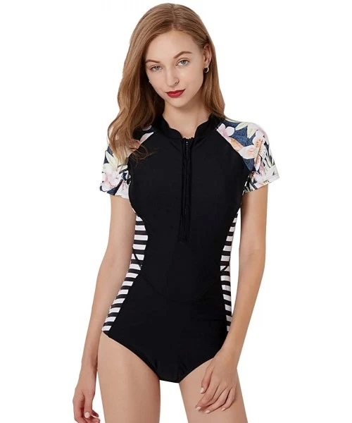 One-Pieces Women Short Sleeve One Piece Floral Swimwear Padded Bathing Suit Beach Monokini - 3 Black - CO18QCWK5QH