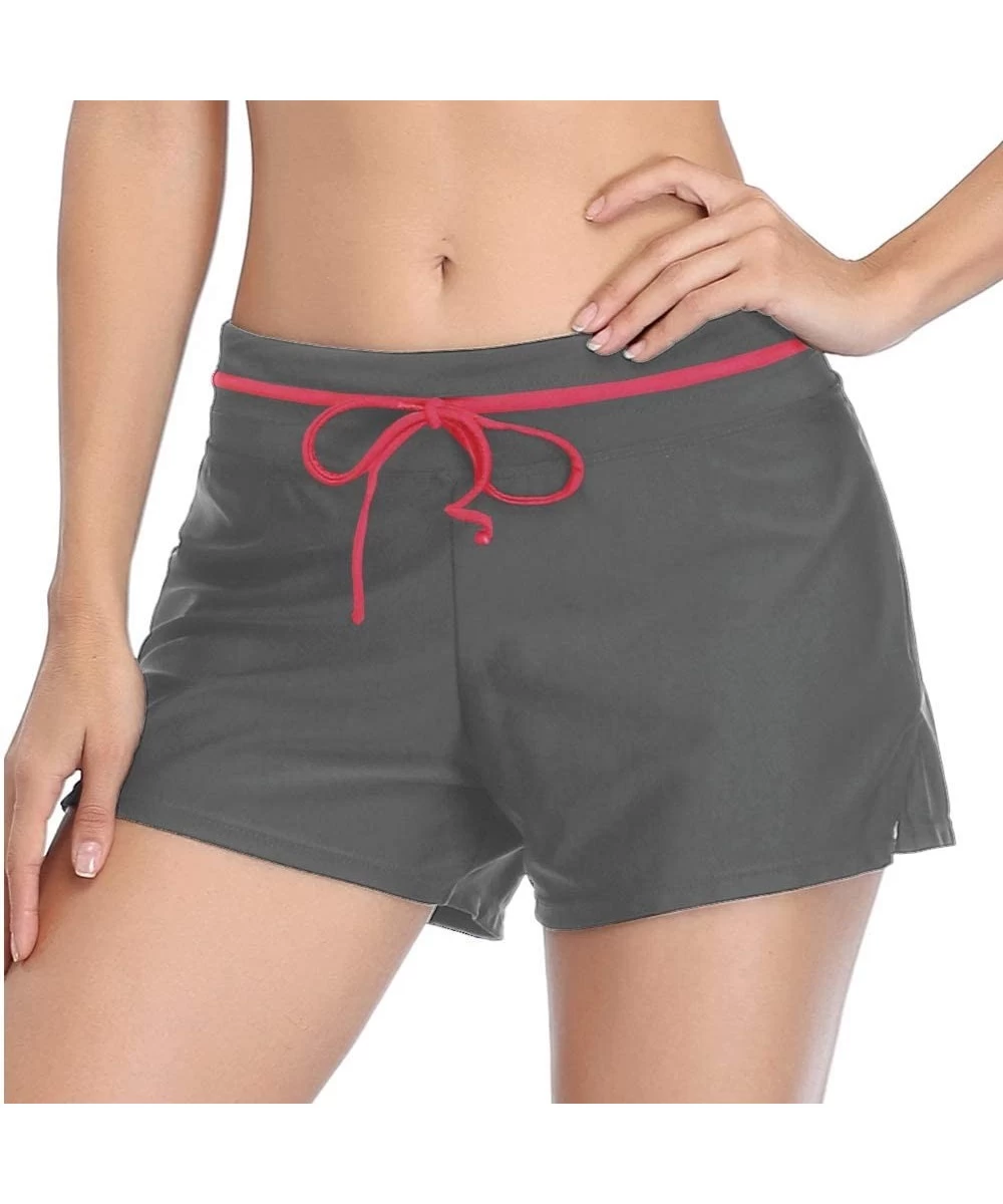 Bottoms Women Swimsuits Shorts Side Split Adjustable Boy Shorts Beach Tummy Control Swimwear Trunks - Grey/Red - C11945Z7OE7