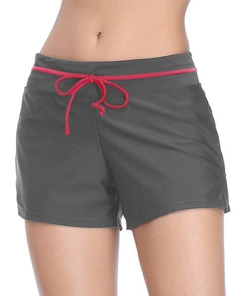 Bottoms Women Swimsuits Shorts Side Split Adjustable Boy Shorts Beach Tummy Control Swimwear Trunks - Grey/Red - C11945Z7OE7