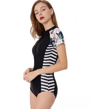 One-Pieces Women Short Sleeve One Piece Floral Swimwear Padded Bathing Suit Beach Monokini - 3 Black - CO18QCWK5QH