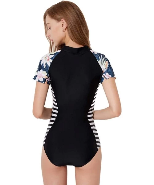 One-Pieces Women Short Sleeve One Piece Floral Swimwear Padded Bathing Suit Beach Monokini - 3 Black - CO18QCWK5QH