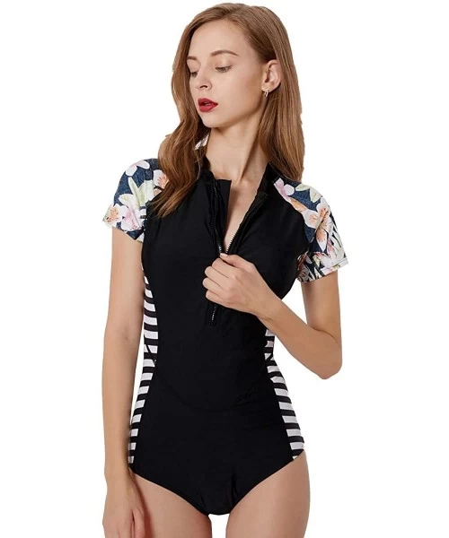 One-Pieces Women Short Sleeve One Piece Floral Swimwear Padded Bathing Suit Beach Monokini - 3 Black - CO18QCWK5QH