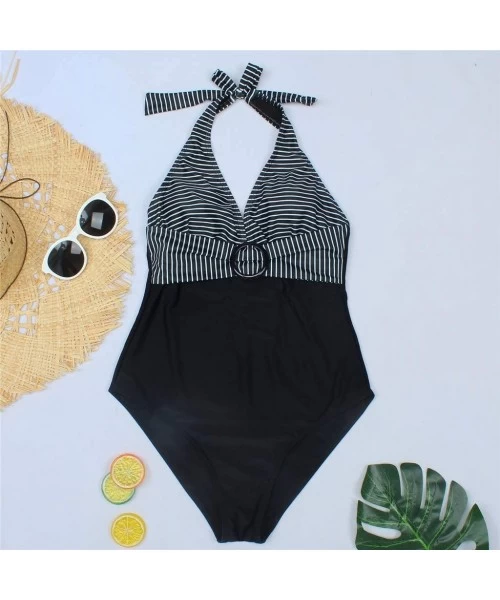 Tankinis V Neck One Piece Swimsuits Womens Swimwear Bandage Backless Stripe High Waist Tummy Control Beach Bikini - Black - C...