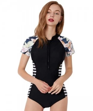 One-Pieces Women Short Sleeve One Piece Floral Swimwear Padded Bathing Suit Beach Monokini - 3 Black - CO18QCWK5QH