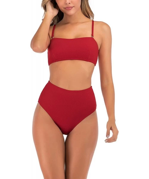 Sets Women's Two Piece Swimsuit Removable Straps Padded Bandeau Bathing Suits High Waist Bikini Set for Women - Red - CM194GX...