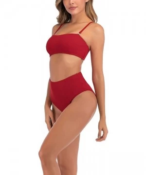 Sets Women's Two Piece Swimsuit Removable Straps Padded Bandeau Bathing Suits High Waist Bikini Set for Women - Red - CM194GX...