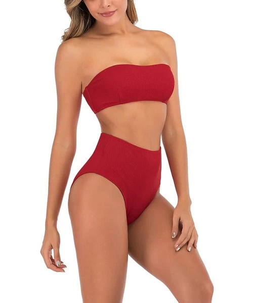 Sets Women's Two Piece Swimsuit Removable Straps Padded Bandeau Bathing Suits High Waist Bikini Set for Women - Red - CM194GX...