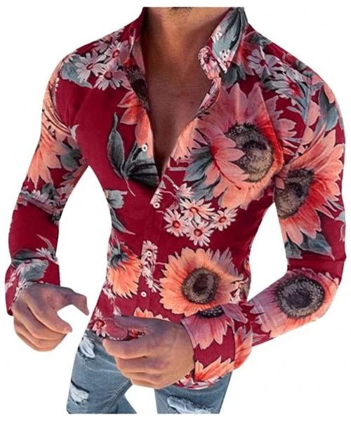 Rash Guards Men's Causal Long Sleeve Flower Printed Single Breasted Shirt Fit Slim Tee Blouse Top - Red - CW1942HMWXA