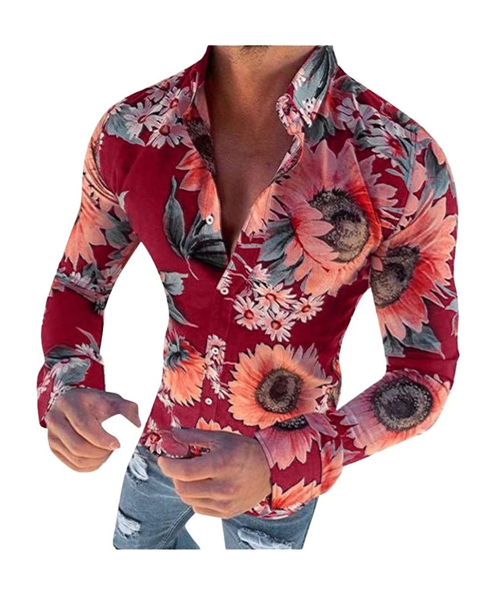 Rash Guards Men's Causal Long Sleeve Flower Printed Single Breasted Shirt Fit Slim Tee Blouse Top - Red - CW1942HMWXA