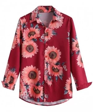 Rash Guards Men's Causal Long Sleeve Flower Printed Single Breasted Shirt Fit Slim Tee Blouse Top - Red - CW1942HMWXA