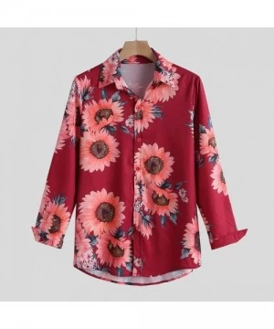 Rash Guards Men's Causal Long Sleeve Flower Printed Single Breasted Shirt Fit Slim Tee Blouse Top - Red - CW1942HMWXA