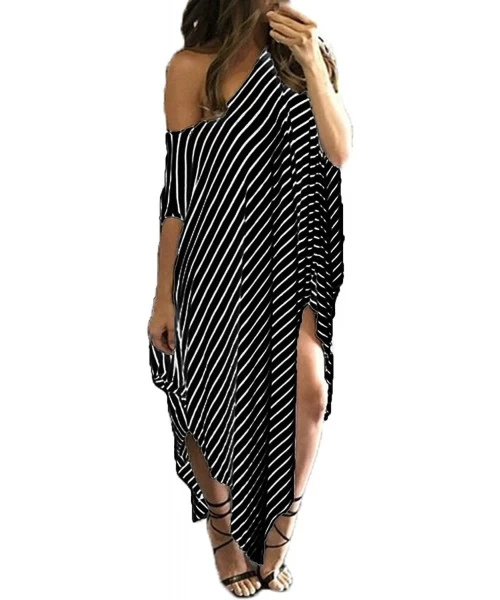 Cover-Ups Women Maxi Dress Striped Long Dresses Casual Loose Kaftan Oversized Round Neck Sundress - B-black - C018EXYMZWD