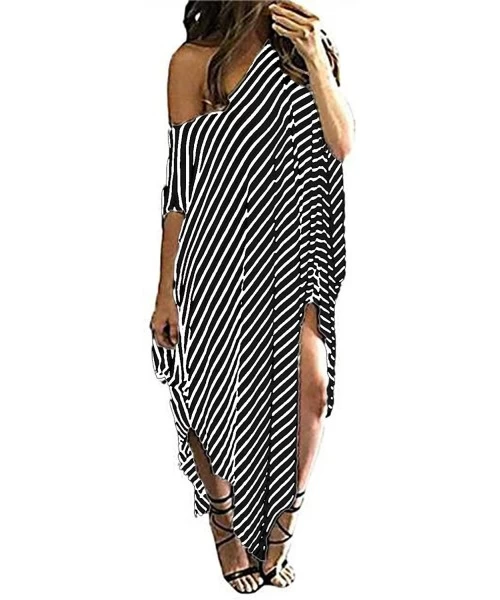 Cover-Ups Women Maxi Dress Striped Long Dresses Casual Loose Kaftan Oversized Round Neck Sundress - B-black - C018EXYMZWD