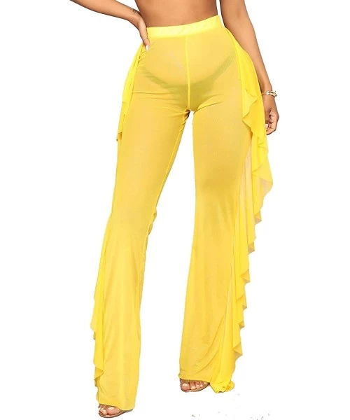 Cover-Ups Women's Perspective Ruffle Sheer Mesh Ruffle Pants Swimsuit Bikini Bottom Cover up Pants - 01ruffle-yellow - CQ18X5...