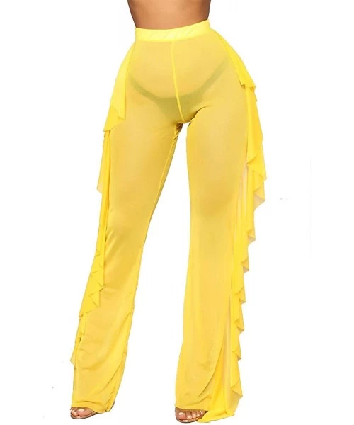 Cover-Ups Women's Perspective Ruffle Sheer Mesh Ruffle Pants Swimsuit Bikini Bottom Cover up Pants - 01ruffle-yellow - CQ18X5...