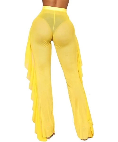 Cover-Ups Women's Perspective Ruffle Sheer Mesh Ruffle Pants Swimsuit Bikini Bottom Cover up Pants - 01ruffle-yellow - CQ18X5...