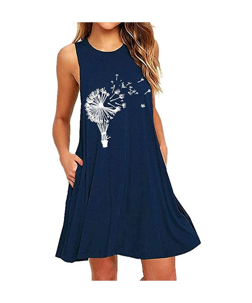 Cover-Ups Womens Dandelion Print Short Dress Casual Beach Sundress Mini A Line Sleeveless O Neck Tank Dress with Pocket Navy2...