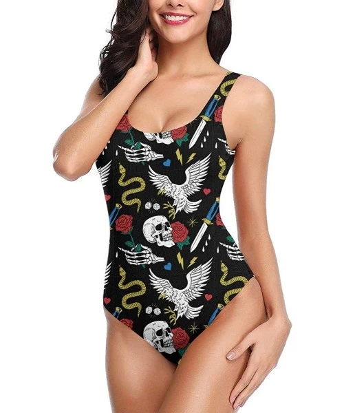 One-Pieces Women's Athletic One Piece Swimsuits Sexy Swimwear Snake Eagle Skull Knife Print Bikini - White - CO196ATAHNU