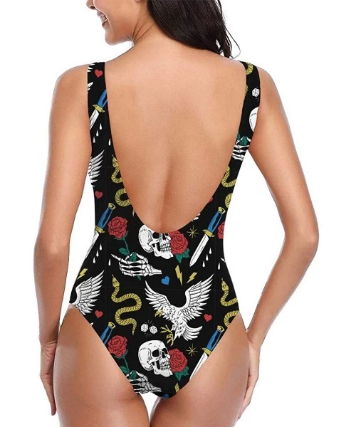 One-Pieces Women's Athletic One Piece Swimsuits Sexy Swimwear Snake Eagle Skull Knife Print Bikini - White - CO196ATAHNU