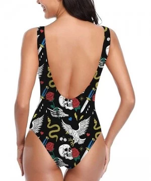 One-Pieces Women's Athletic One Piece Swimsuits Sexy Swimwear Snake Eagle Skull Knife Print Bikini - White - CO196ATAHNU