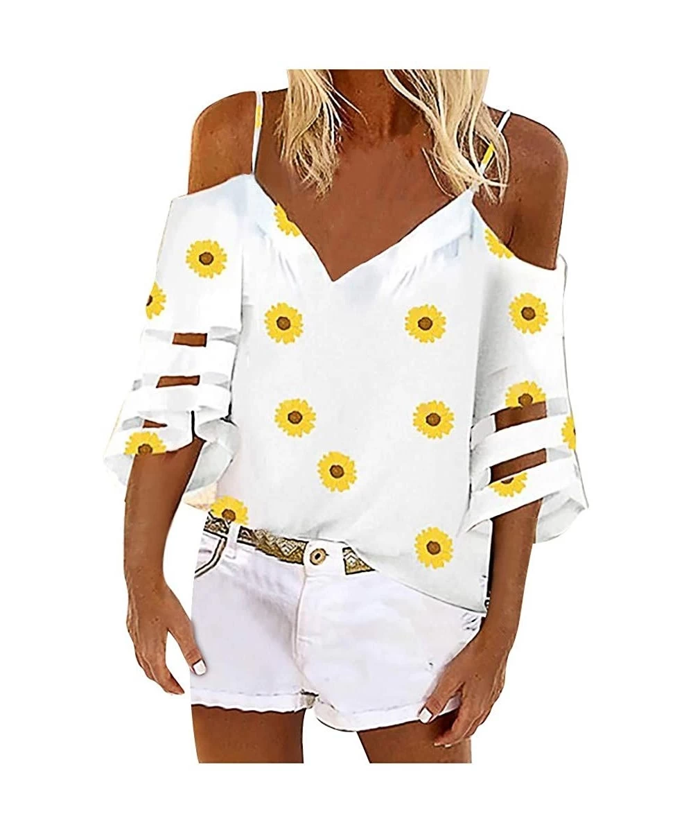 Racing Women Off Shoulder Daisy T-Shirts Top Floral Crop Tops Sleeve Blouse Camisole Tunic Top Shirts Blouse - White - CF199C...