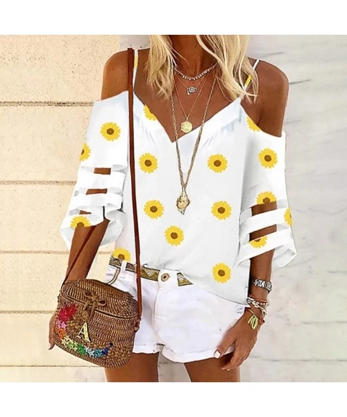 Racing Women Off Shoulder Daisy T-Shirts Top Floral Crop Tops Sleeve Blouse Camisole Tunic Top Shirts Blouse - White - CF199C...