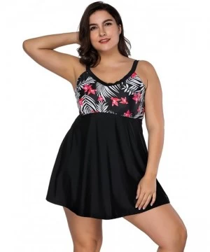 Racing Women's Plus Size Floral Swimdress High Waist Tankini Set V Neck Swimwear - Black & Red-1 Piece - CW18G9OAM4H