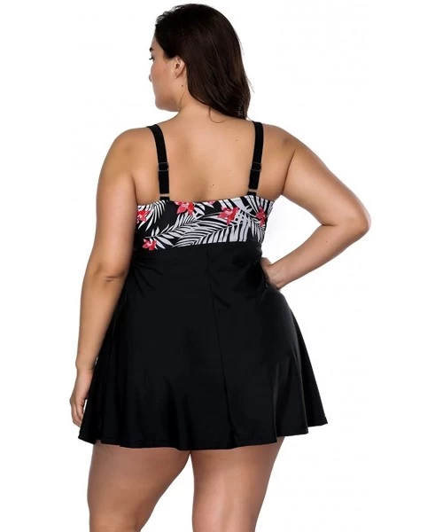 Racing Women's Plus Size Floral Swimdress High Waist Tankini Set V Neck Swimwear - Black & Red-1 Piece - CW18G9OAM4H