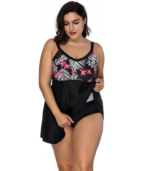 Racing Women's Plus Size Floral Swimdress High Waist Tankini Set V Neck Swimwear - Black & Red-1 Piece - CW18G9OAM4H