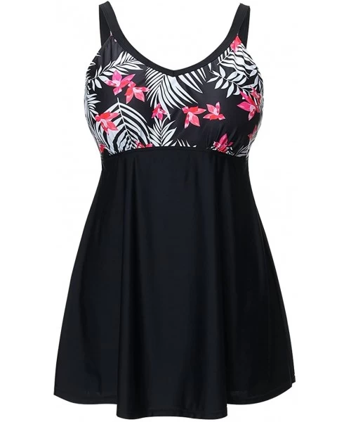 Racing Women's Plus Size Floral Swimdress High Waist Tankini Set V Neck Swimwear - Black & Red-1 Piece - CW18G9OAM4H