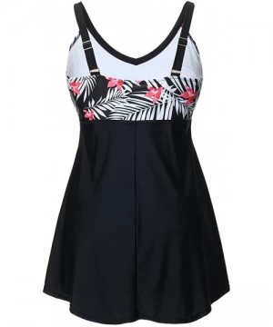 Racing Women's Plus Size Floral Swimdress High Waist Tankini Set V Neck Swimwear - Black & Red-1 Piece - CW18G9OAM4H