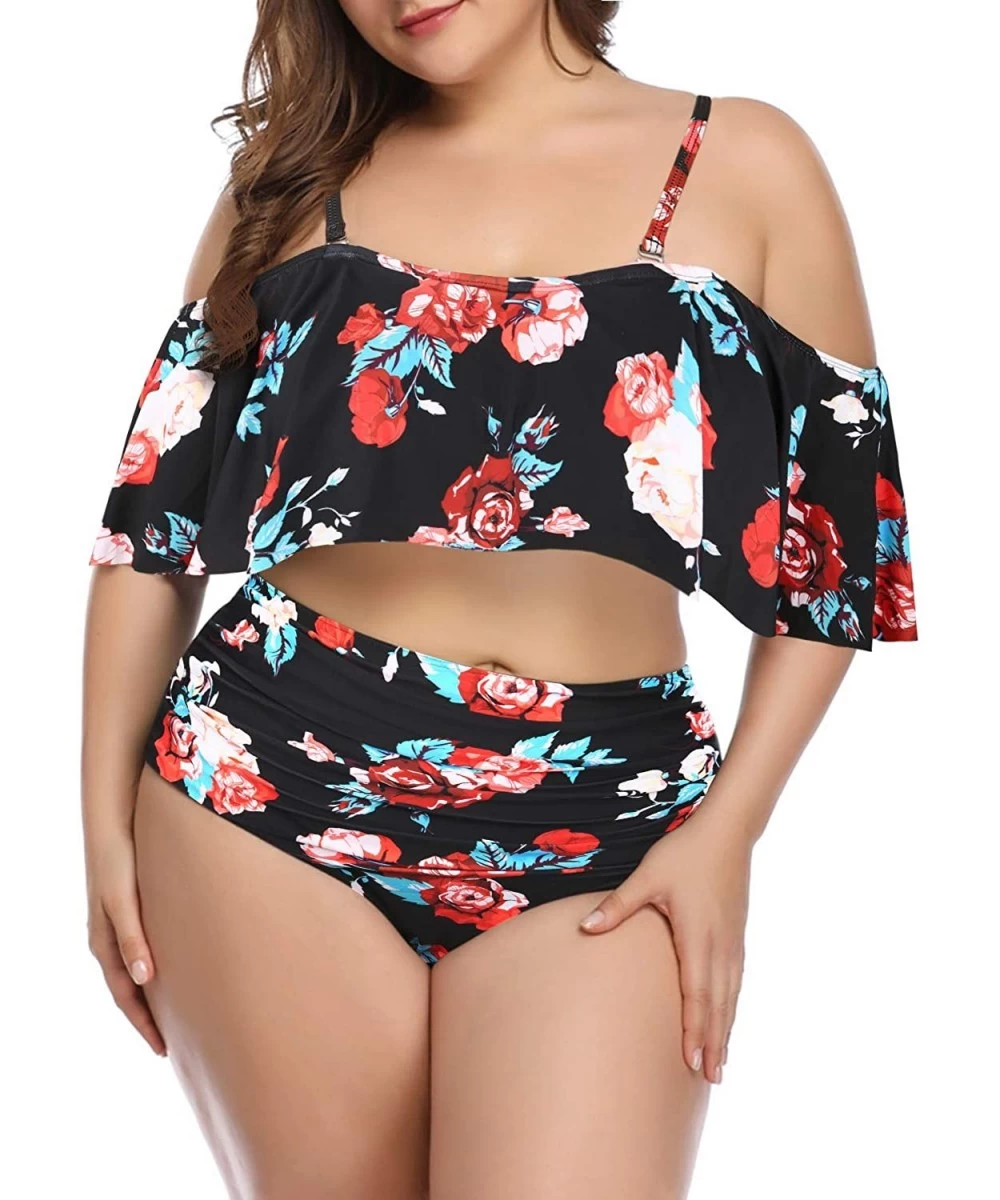 Sets Plus Size Two Piece Swimsuits for Women Off Shoulder Top High Waisted Ruched Bikini - Black Floral - C818Y6DENKO