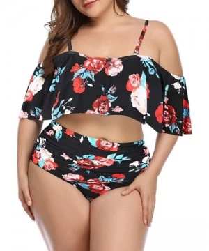 Sets Plus Size Two Piece Swimsuits for Women Off Shoulder Top High Waisted Ruched Bikini - Black Floral - C818Y6DENKO