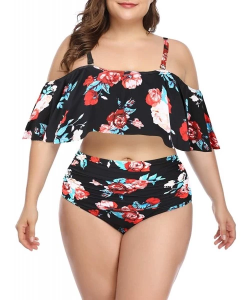 Sets Plus Size Two Piece Swimsuits for Women Off Shoulder Top High Waisted Ruched Bikini - Black Floral - C818Y6DENKO