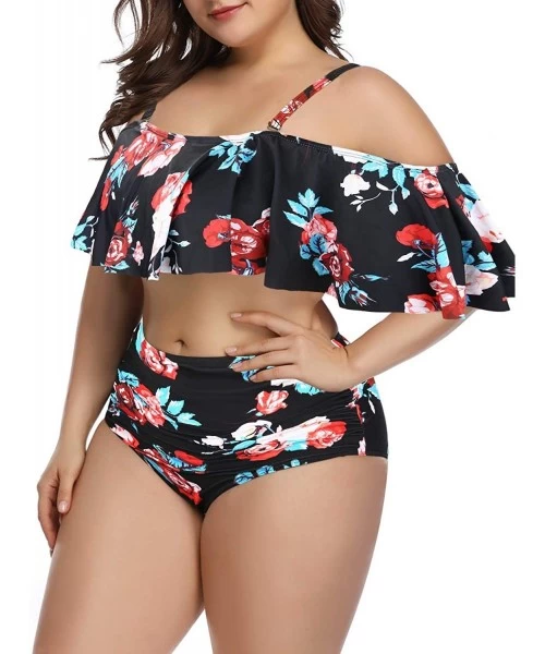 Sets Plus Size Two Piece Swimsuits for Women Off Shoulder Top High Waisted Ruched Bikini - Black Floral - C818Y6DENKO