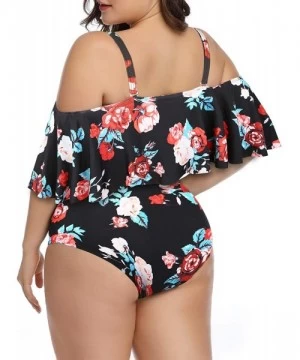 Sets Plus Size Two Piece Swimsuits for Women Off Shoulder Top High Waisted Ruched Bikini - Black Floral - C818Y6DENKO