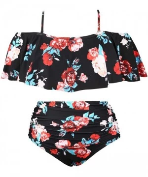 Sets Plus Size Two Piece Swimsuits for Women Off Shoulder Top High Waisted Ruched Bikini - Black Floral - C818Y6DENKO