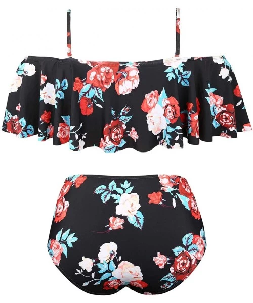 Sets Plus Size Two Piece Swimsuits for Women Off Shoulder Top High Waisted Ruched Bikini - Black Floral - C818Y6DENKO