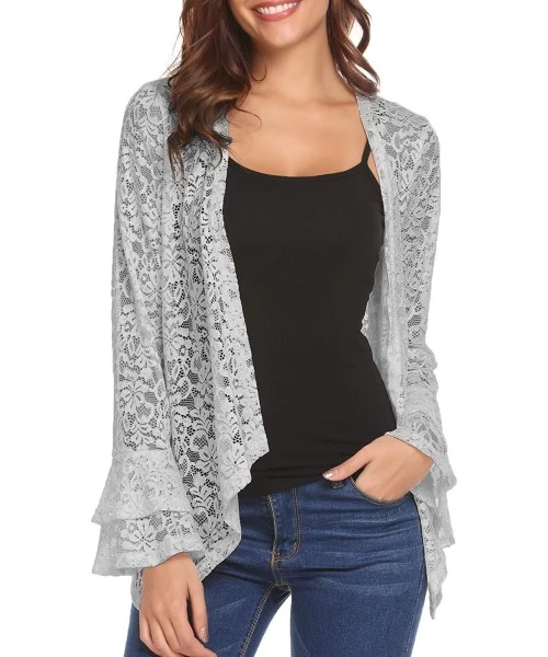 Cover-Ups Women's Bell Sleeve Open Front Cardigans Lace Crochet Loose Casual Cover Up - Light Grey - CP18S08GSXO