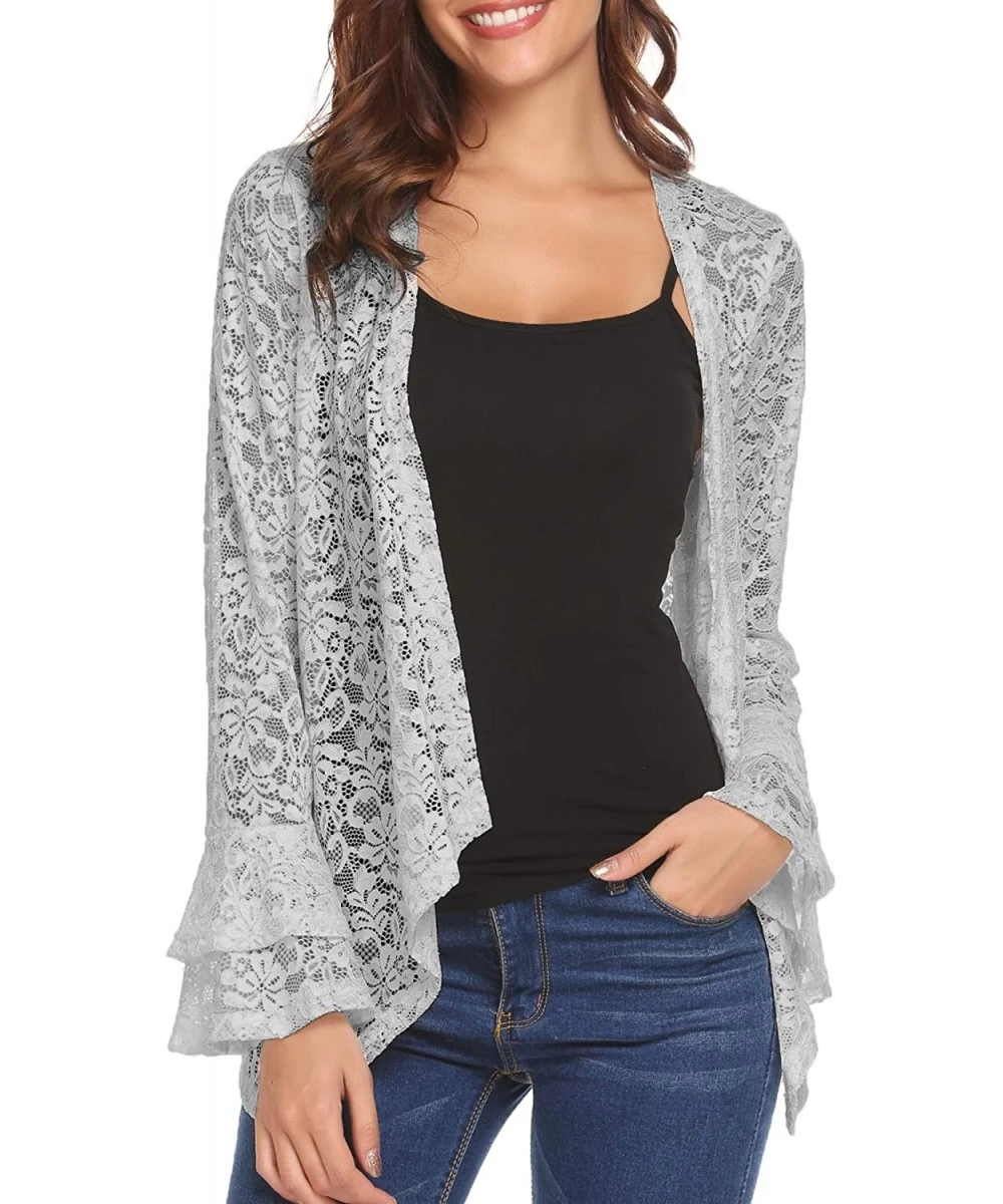 Cover-Ups Women's Bell Sleeve Open Front Cardigans Lace Crochet Loose Casual Cover Up - Light Grey - CP18S08GSXO