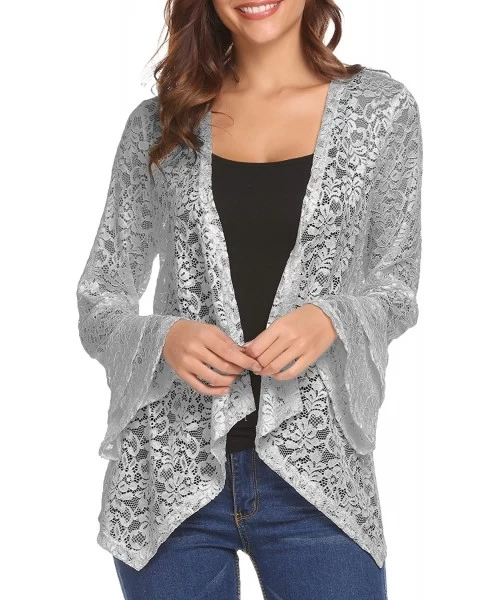 Cover-Ups Women's Bell Sleeve Open Front Cardigans Lace Crochet Loose Casual Cover Up - Light Grey - CP18S08GSXO