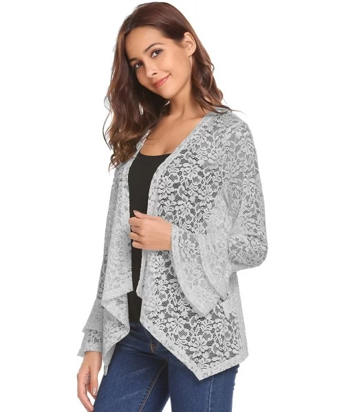 Cover-Ups Women's Bell Sleeve Open Front Cardigans Lace Crochet Loose Casual Cover Up - Light Grey - CP18S08GSXO