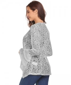 Cover-Ups Women's Bell Sleeve Open Front Cardigans Lace Crochet Loose Casual Cover Up - Light Grey - CP18S08GSXO