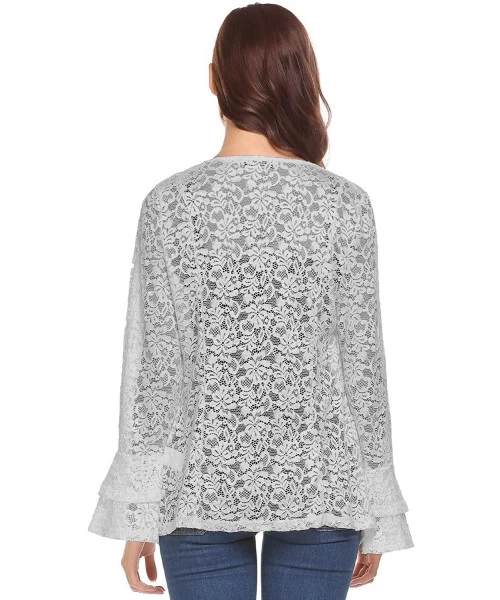 Cover-Ups Women's Bell Sleeve Open Front Cardigans Lace Crochet Loose Casual Cover Up - Light Grey - CP18S08GSXO