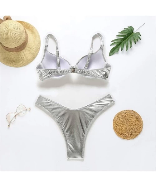 Bottoms Tummy Control Swimsuits for Women Hollow Out Sexy Patchwork Tankini Set Two Piece Swimsuit - Silver - CQ197EKKW4Y